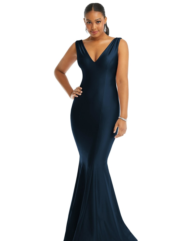 Front of a model wearing a size XXL Shirred Shoulder Stretch Satin Mermaid Dress with Slight Train in Midnight Navy by Cynthia & Sahar. | dia_product_style_image_id:301229